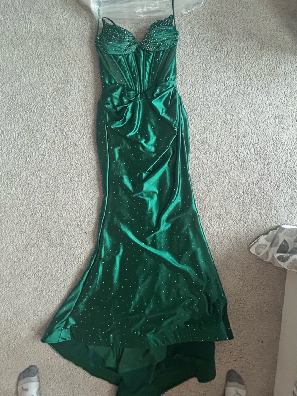 Sherri Hill Emerald Green Satin Evening Gown with Rhinestone Detail Prom Dress